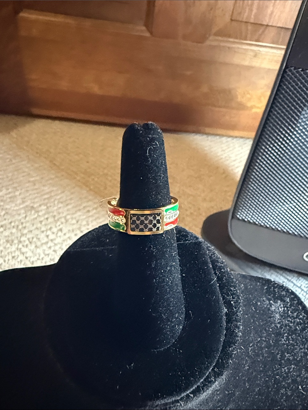 Gold-Tone Enamel Accent Ring with Black Center